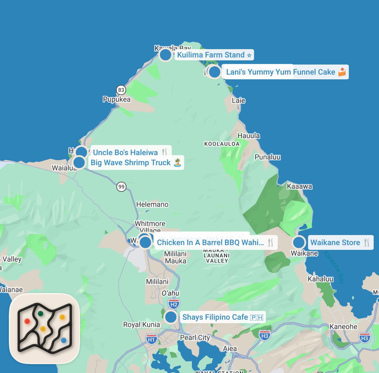Map preview for ULTIMATE FOOD TOUR on Oahu's North Shore & Central Oahu! 10 Best Eats And Old School HAWAII Diners
