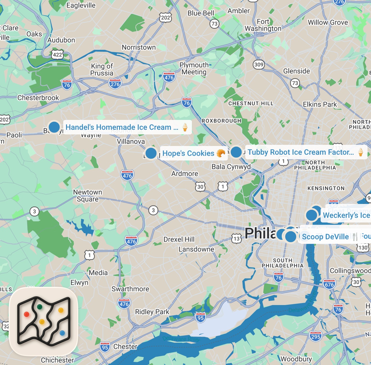 Map preview for Ice Cream Spots in Philadelphia