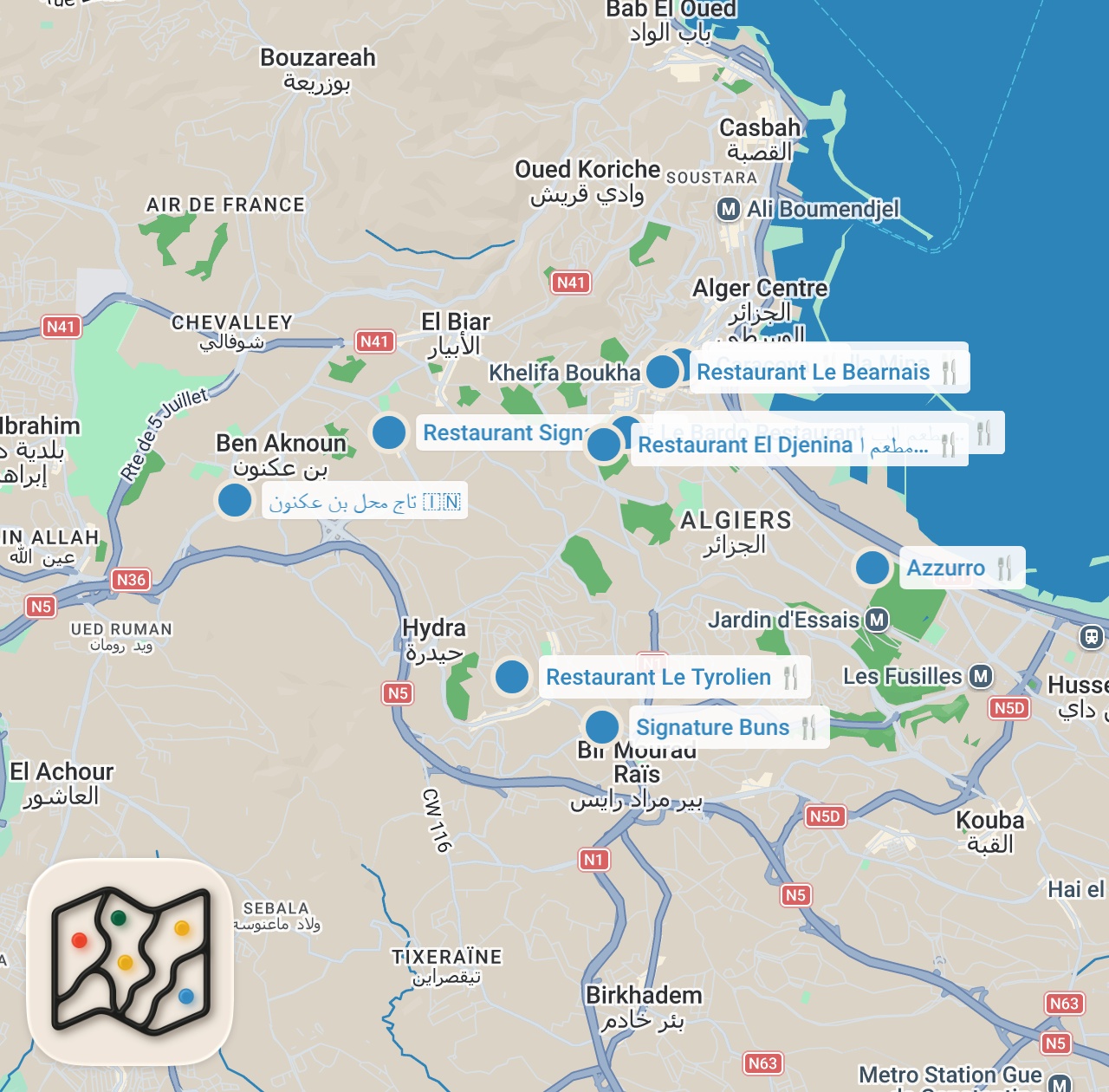 Map preview for Top 10 best Restaurants in Alger Centre, Algeria