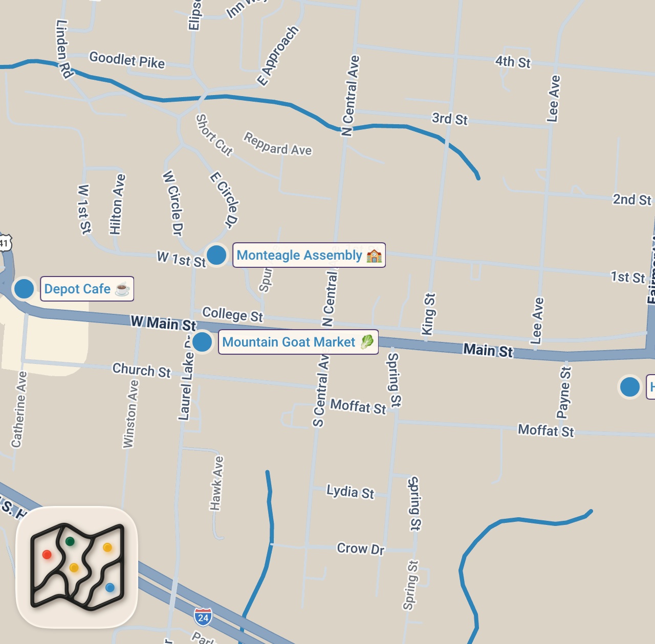 Map preview for Eating in Tennessee Smallest Towns... (Monteagle, TN)
