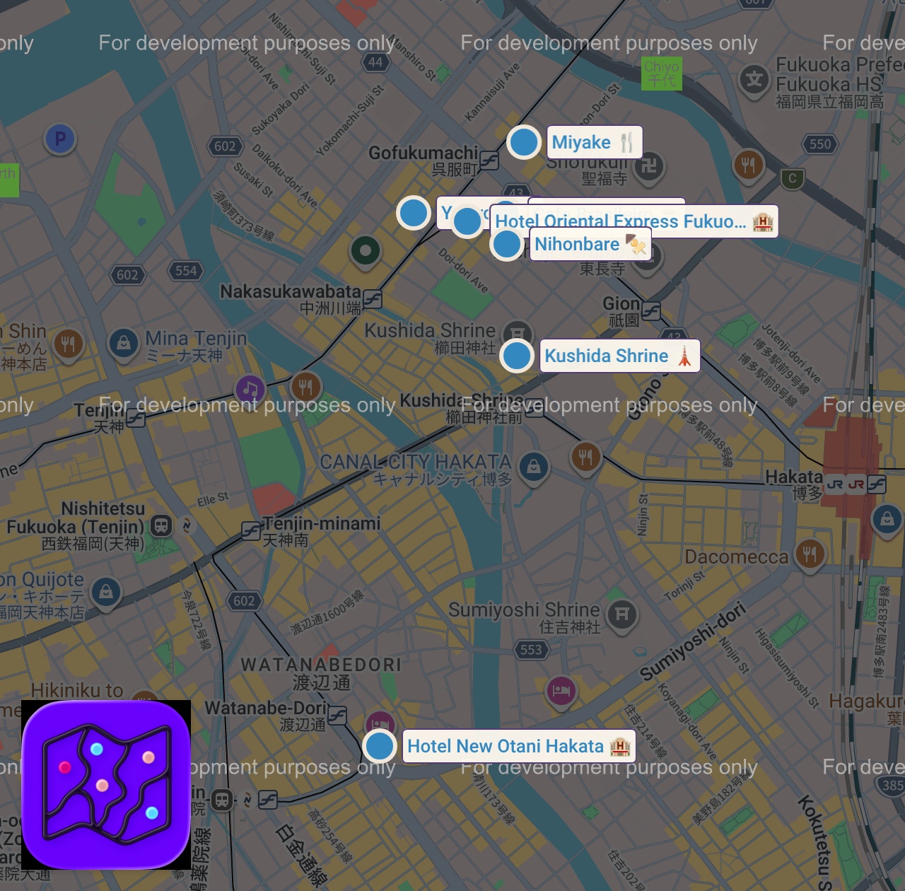 Map of 8 spots from 【保存版】博多・福岡の通が通う「大人の穴場グルメ」が最高すぎて教えたくない【旅行・観光・ホテル・地元民おすすめ・リゾートワークス】