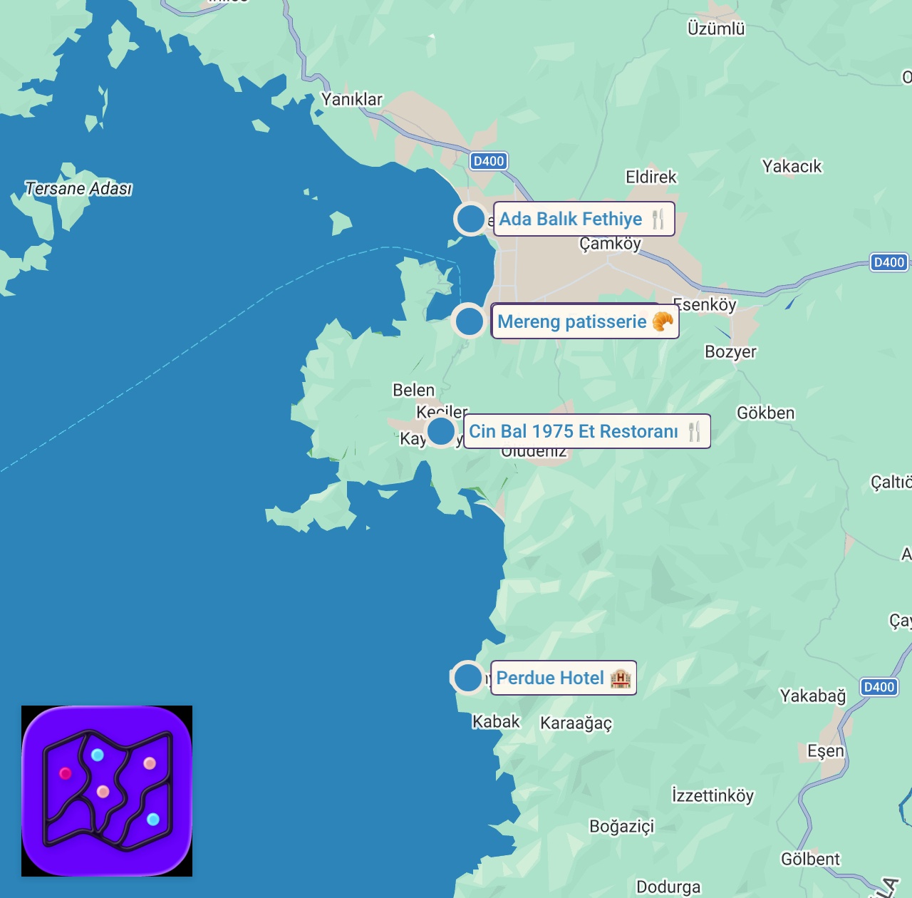 Map of 5 spots from FETHİYE LEZZETLERİ | Meyve Bahçesinde Kahvaltı, Şahane Esnaf Lokantası, Gün Batımında Akşam Yemeği