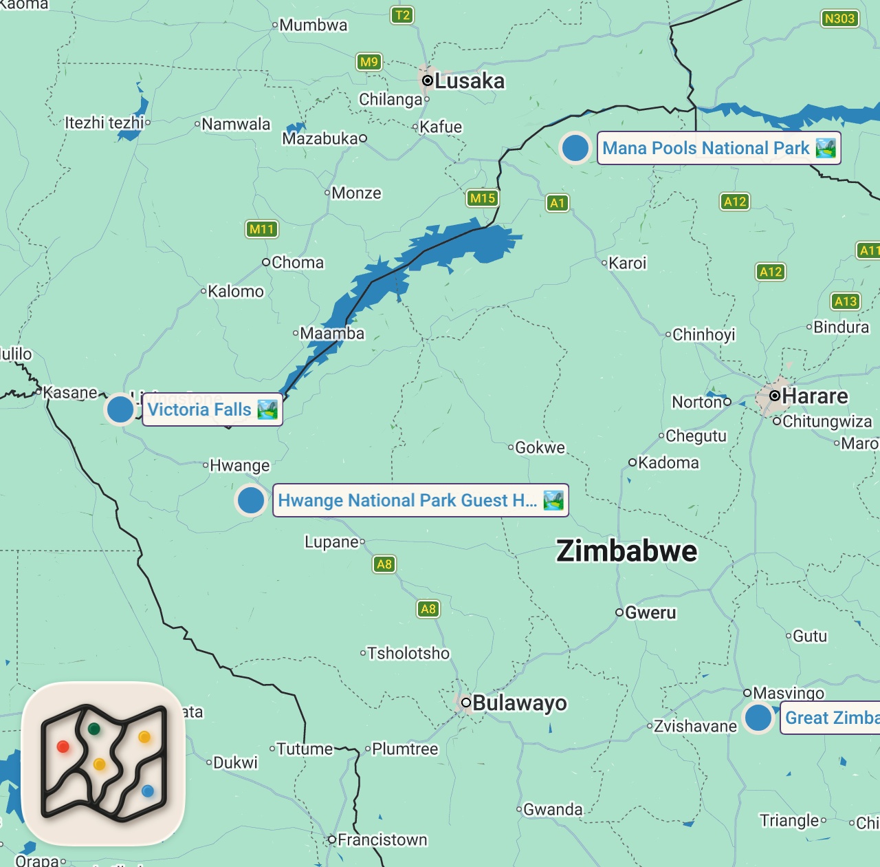 Map of 4 spots from Luxury Side Of Zimbabwe Nobody Talks About - Matobo Hills, Nswatugi Bushman Paintings 🇿🇼