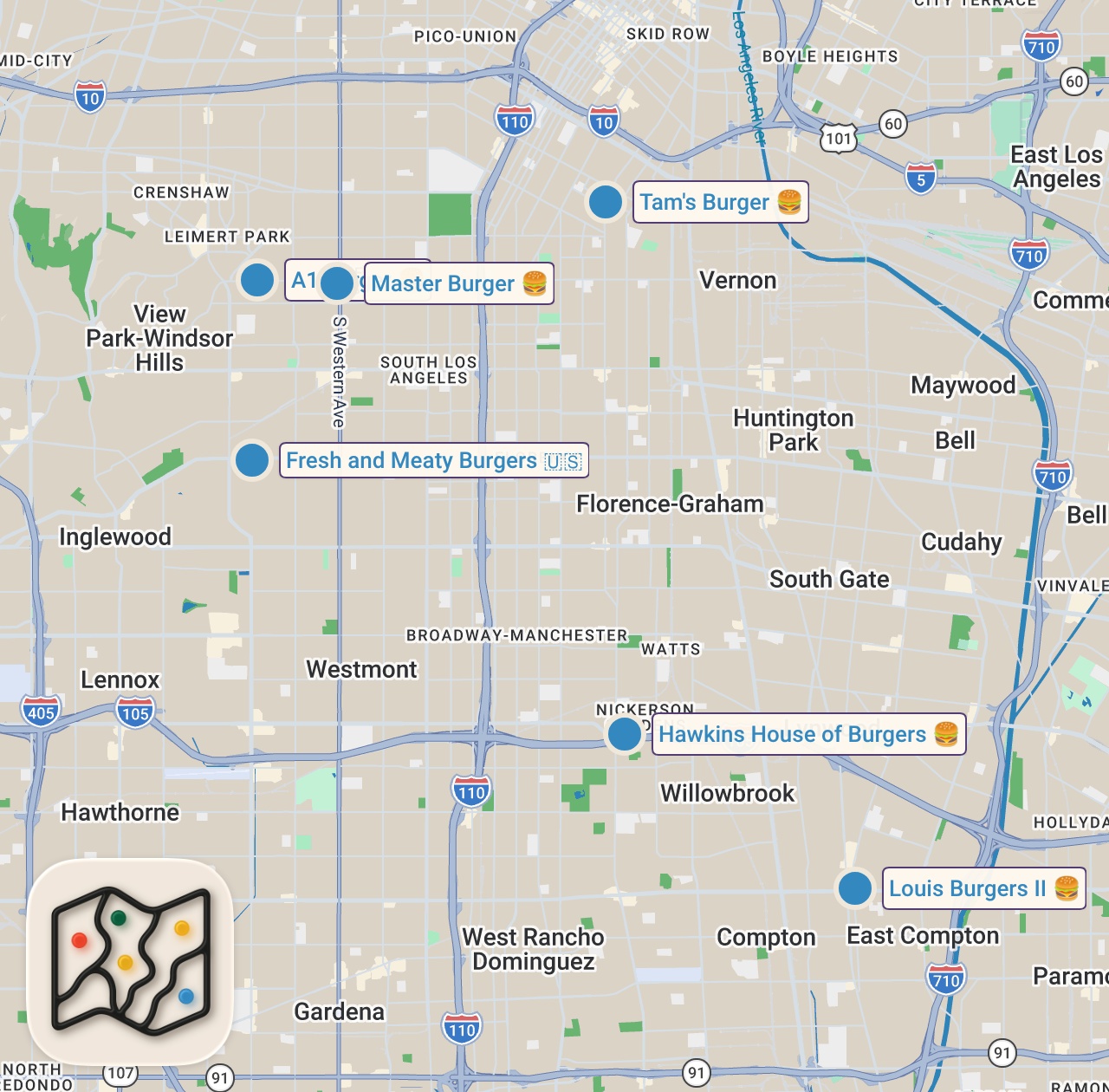 Map of 6 spots from Trying Dangerous Hood Burgers in LA