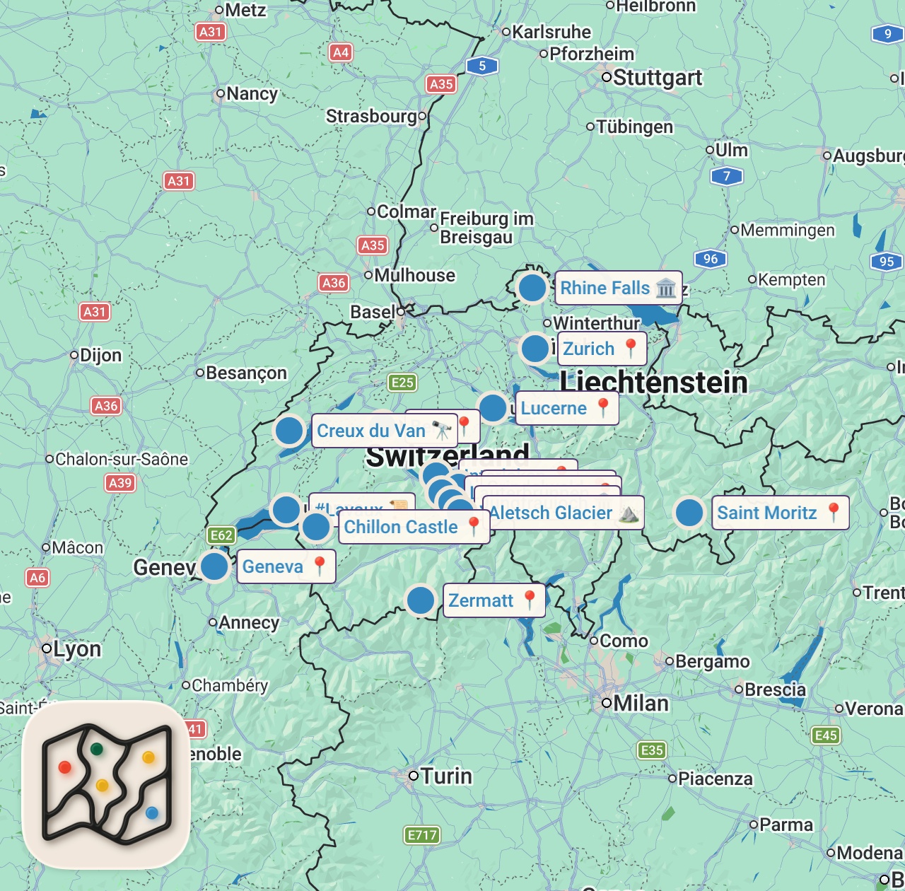 Map of 15 spots from Suisse : 15 lieux sublimes à découvrir | Voyage cinématographique