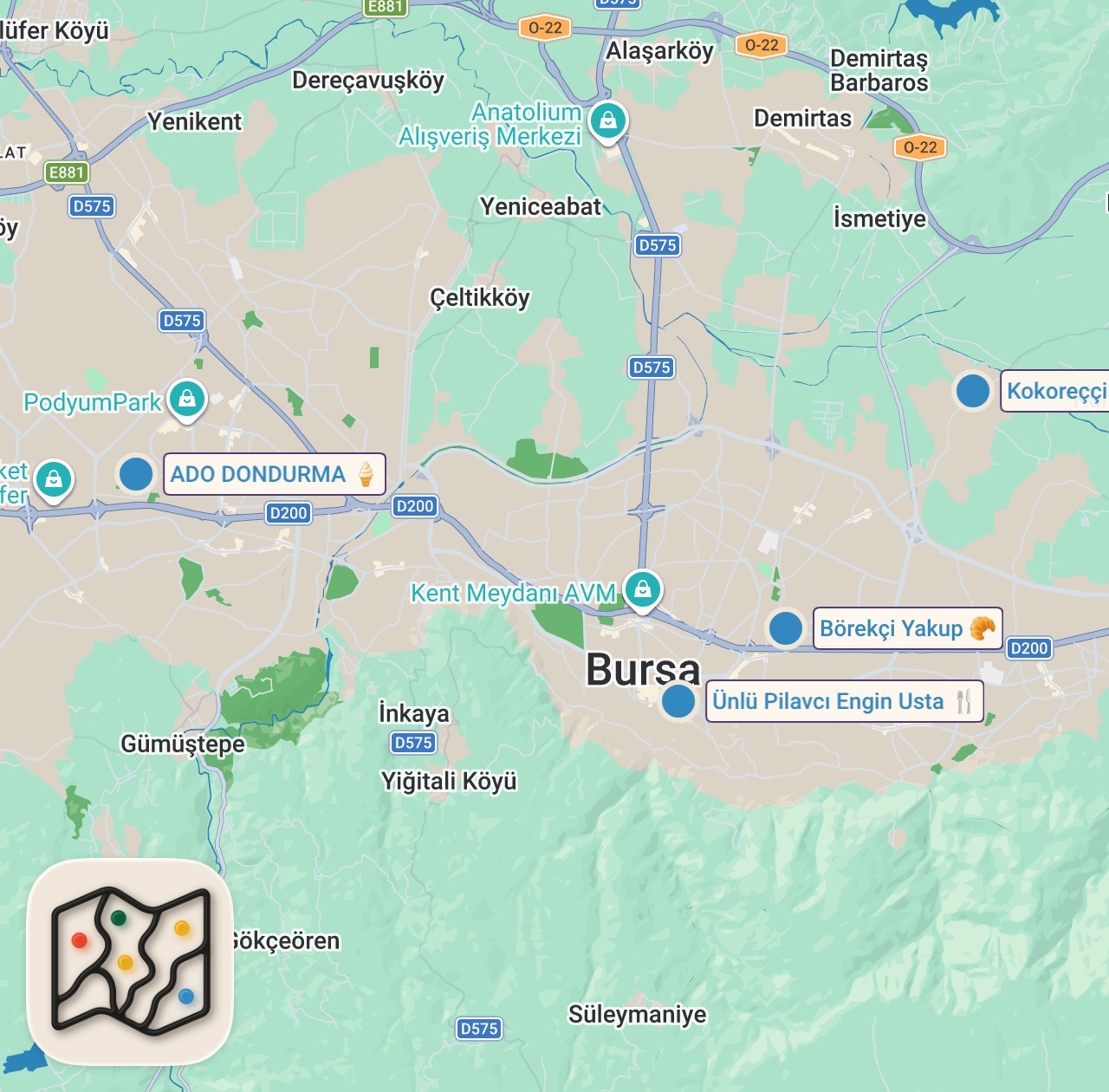 Map of 5 spots from BURSA GECE LEZZETLERİ! @gezentimsah 
