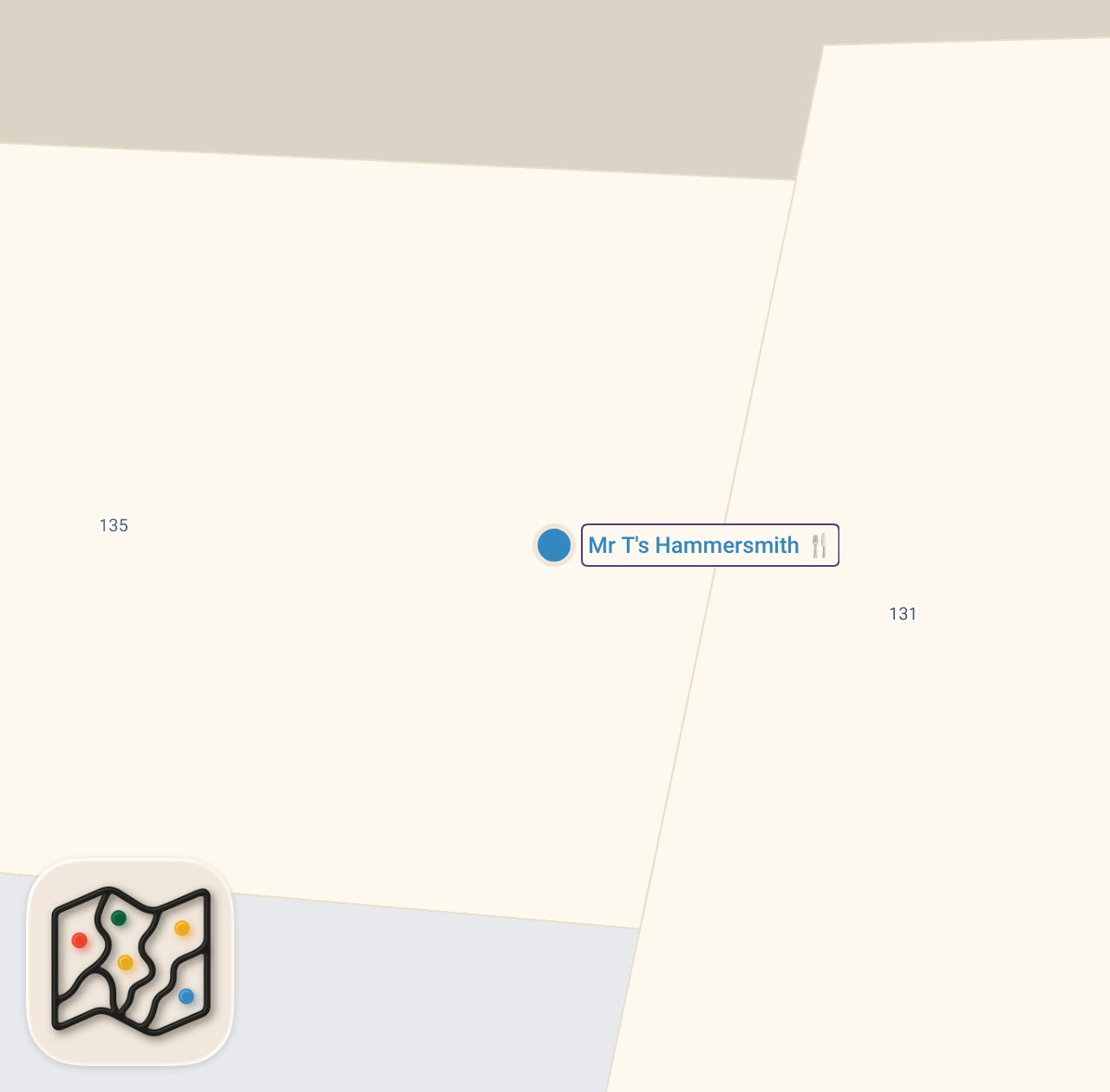 Map of 1 spots from MR T’s IN HAMMERSMITH #food #halalfood #foodie #butterchicken #pizza