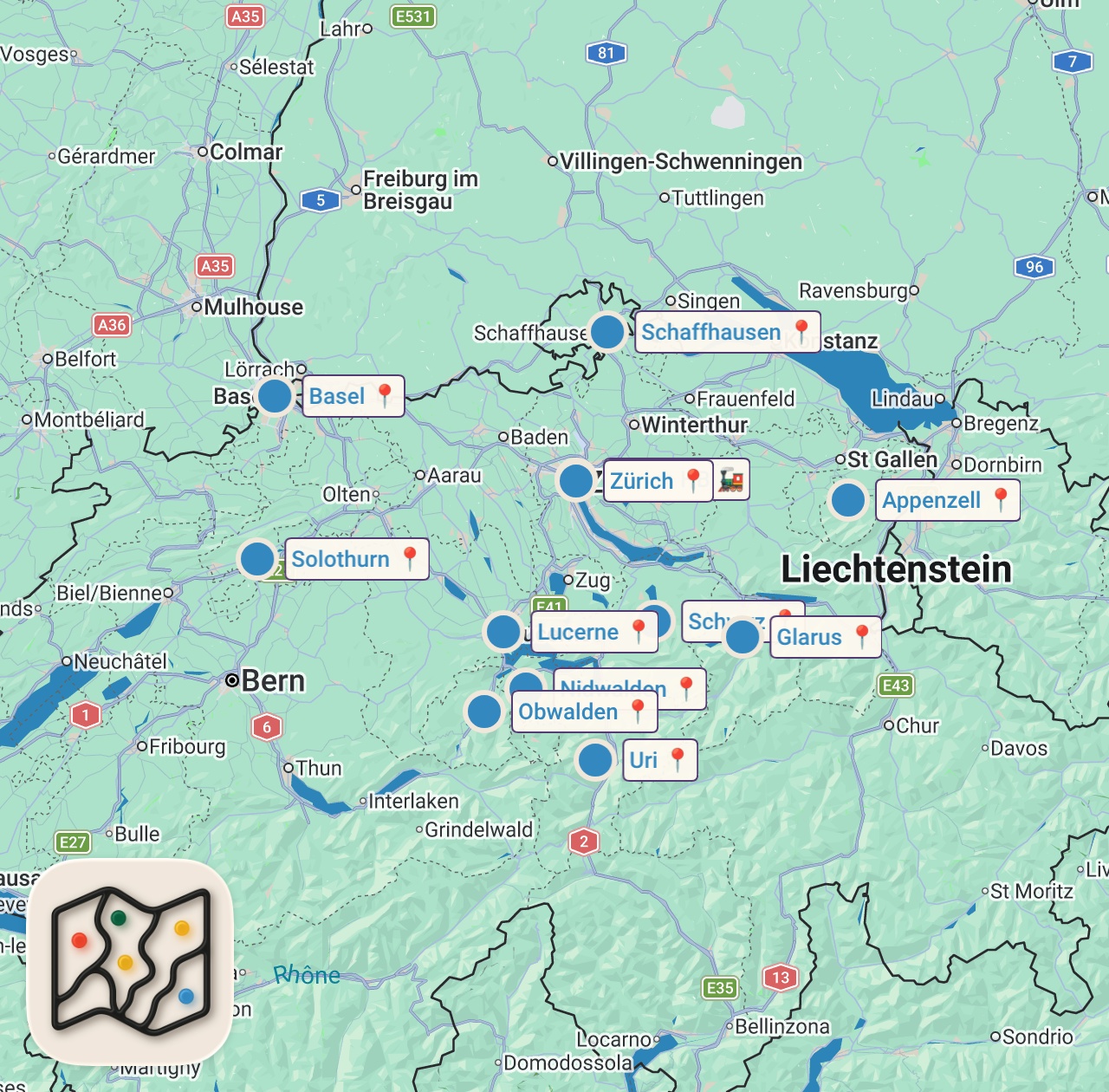 Map of 12 spots from Schweizer Spezialitäten, die du probiert haben solltest 🇨🇭😋 - Folge 1