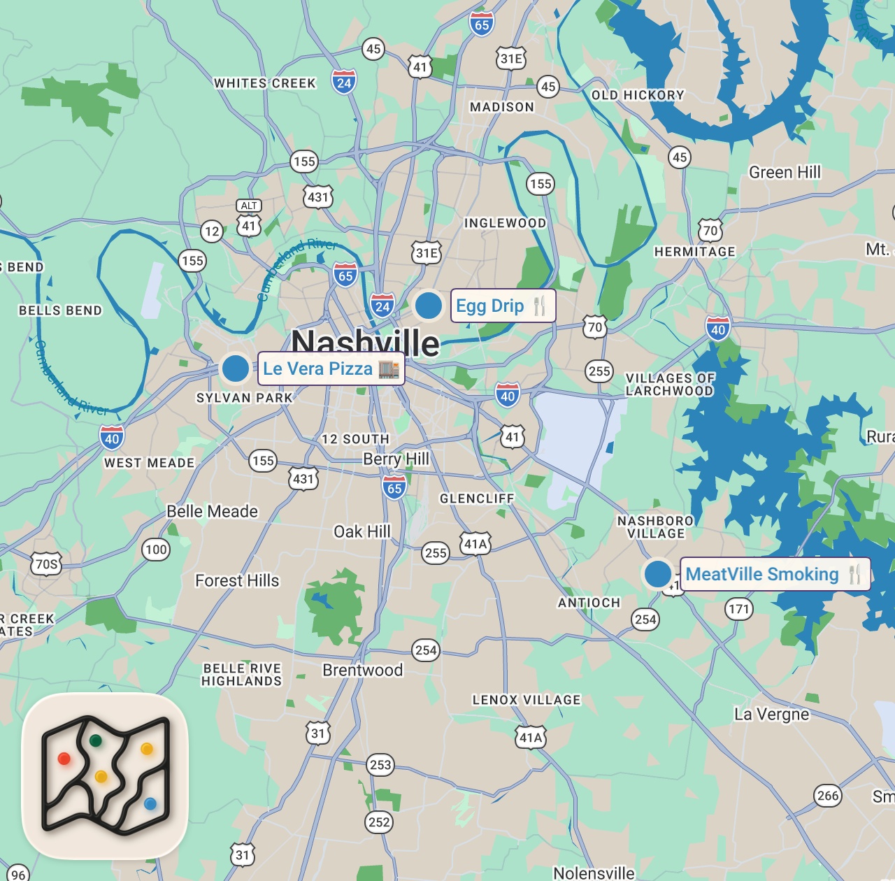 Map of 3 spots from Eating at VIRAL Restaurants For 24 Hours (Nashville)