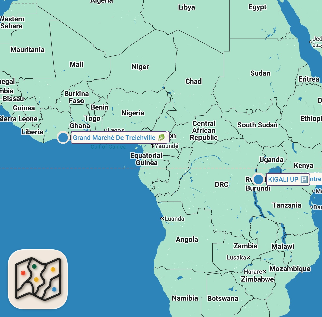 Map of 10 spots from Abidjan vs Kigali: Quelle est la plus belle ville d'Afrique Francophone ?