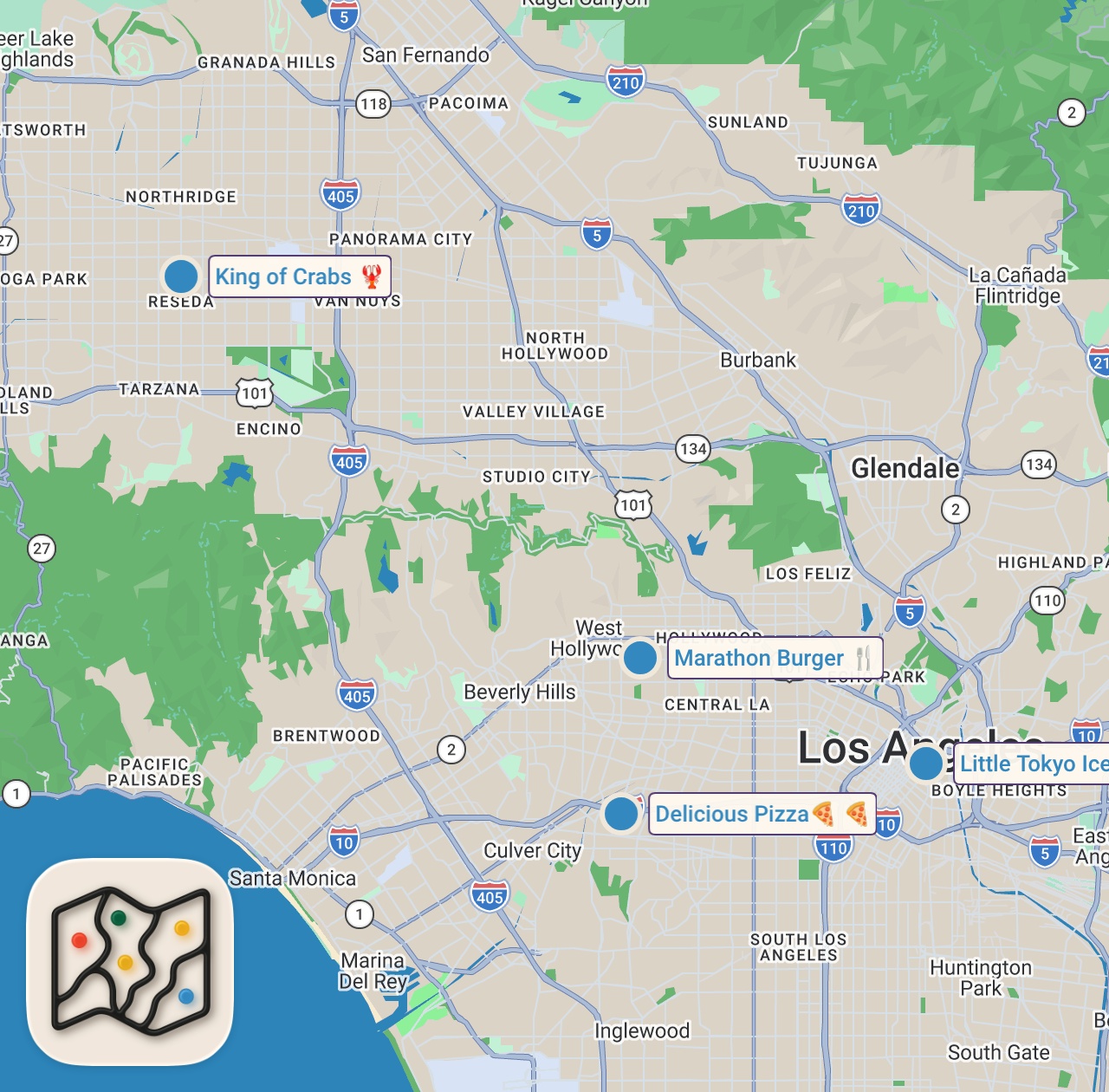 Map of 4 spots from Trying Rapper Owned Restaurants in LA