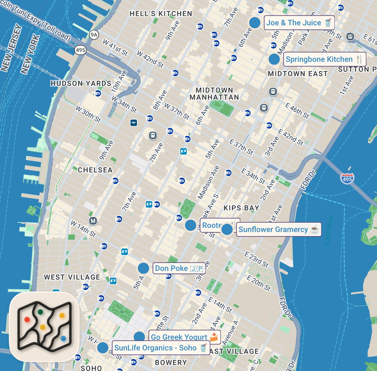 Map of 7 spots from The Best Anti-Inflammatory Restaurants in NYC 🥗🍽️