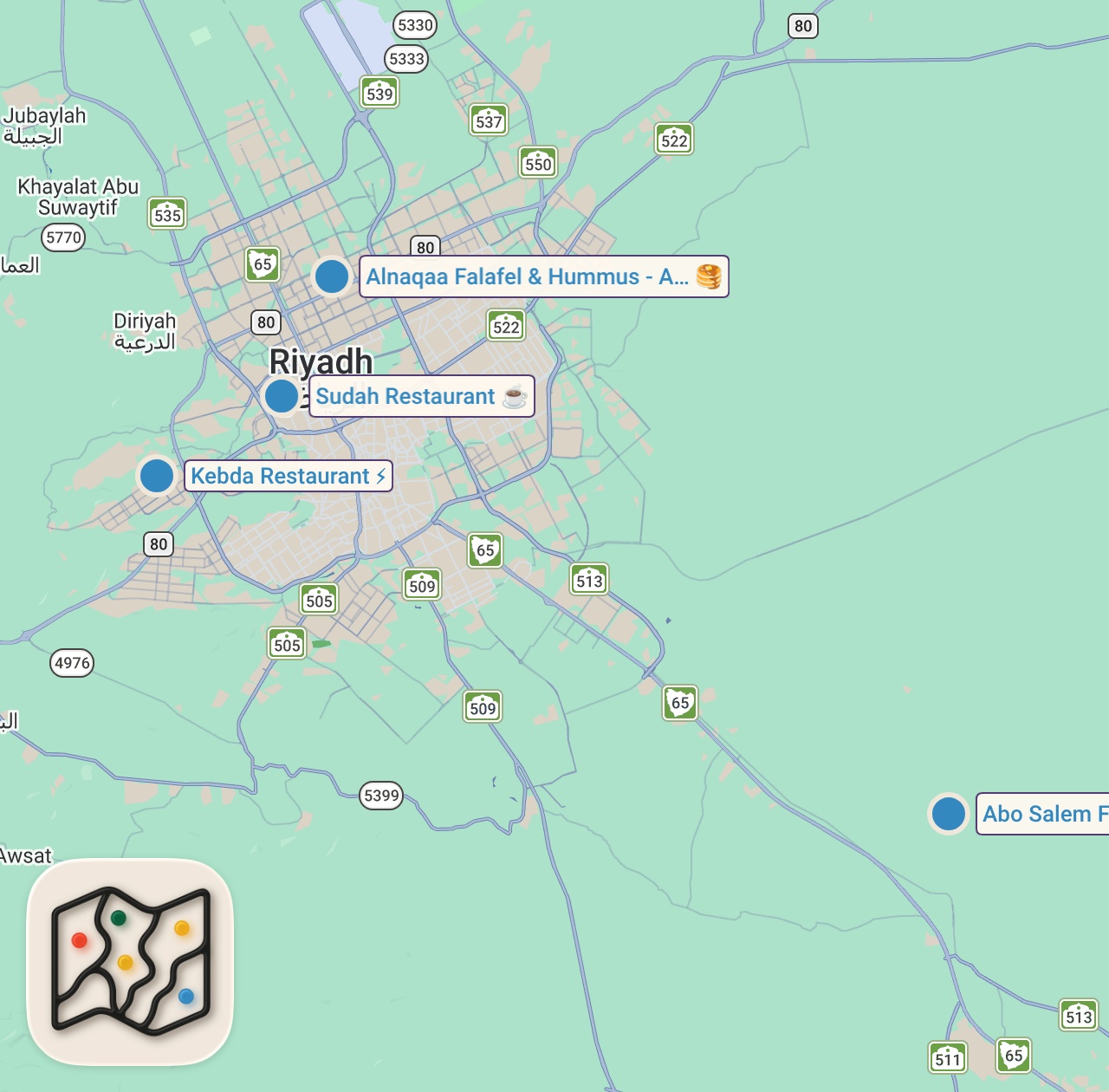 Map of 4 spots from The Ultimate SAUDI ARABIAN FOOD Tour in Riyadh!! 5 Best Restaurants You Can't Miss!
