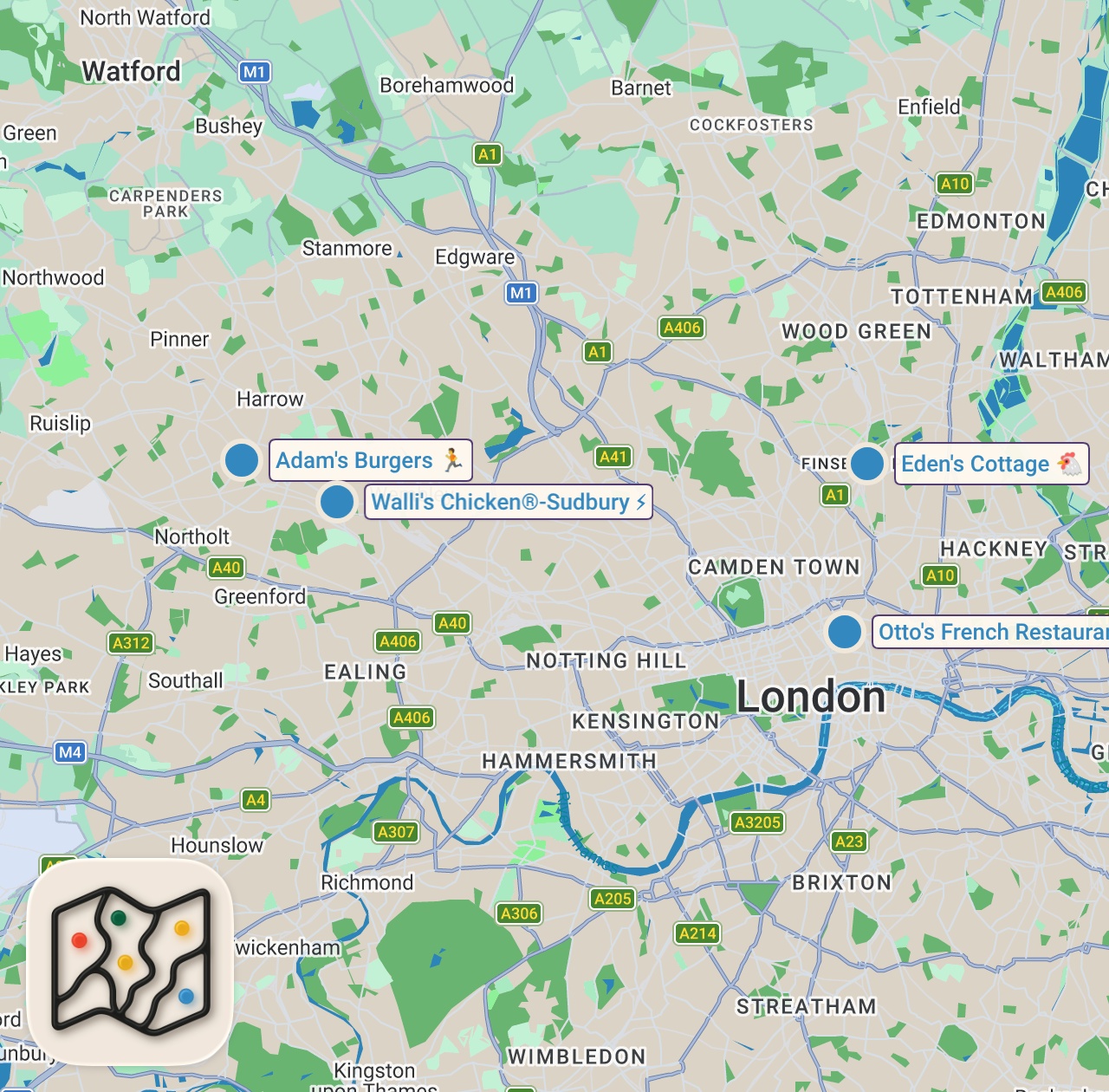 Map of 4 spots from £1.50 vs £350 Burger in London