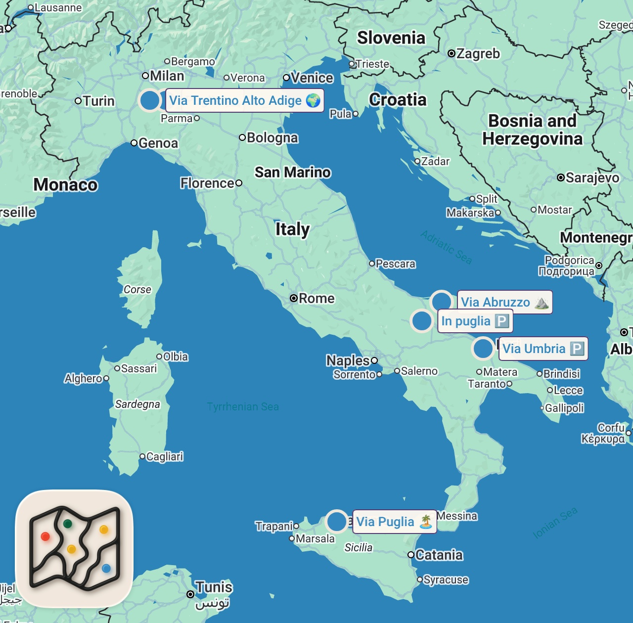 Map of 7 spots from Top 10 Regional Dishes to Try in Italy