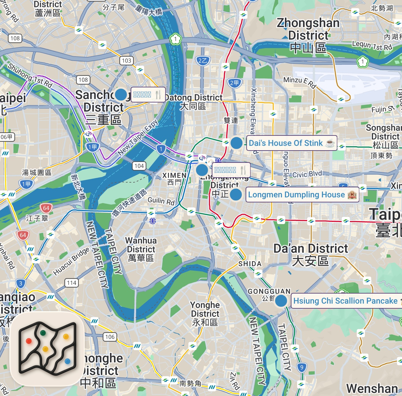 Map of 5 spots from Taiwan Street Food - BEST BEEF NOODLES + 5 Must Eat Foods in Taipei!!