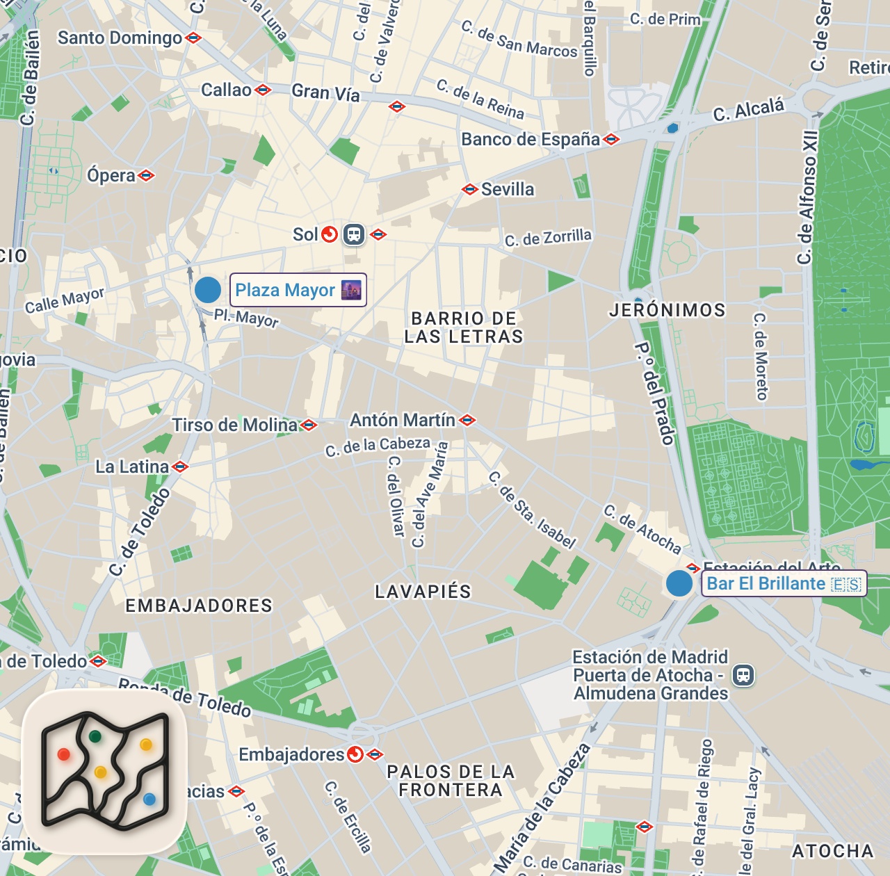 Map of 2 spots from PROBANDO COMIDA CALLEJERA en ESPAÑA