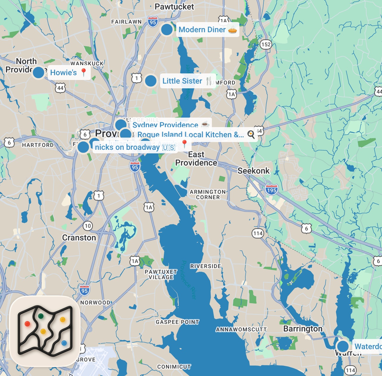 Map preview for Best Brunch Spots in Rhode Island