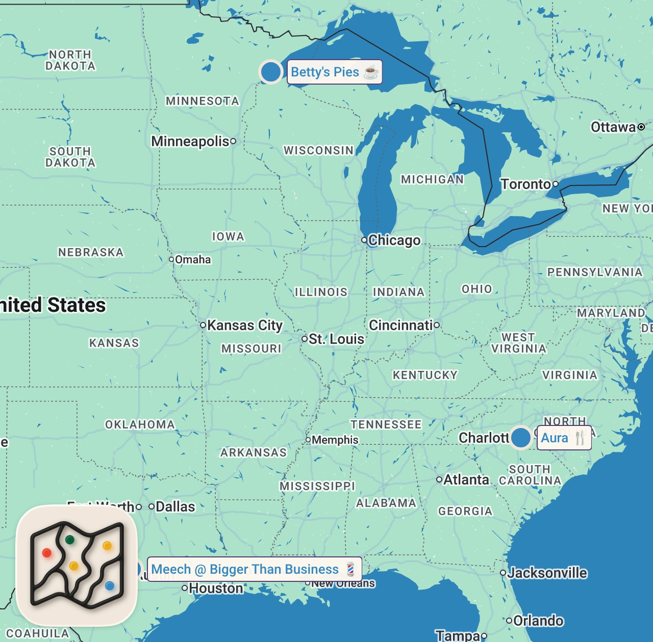 Map of 3 spots from Eating Around America | Bizarre Foods with Andrew Zimmern | Travel Channel