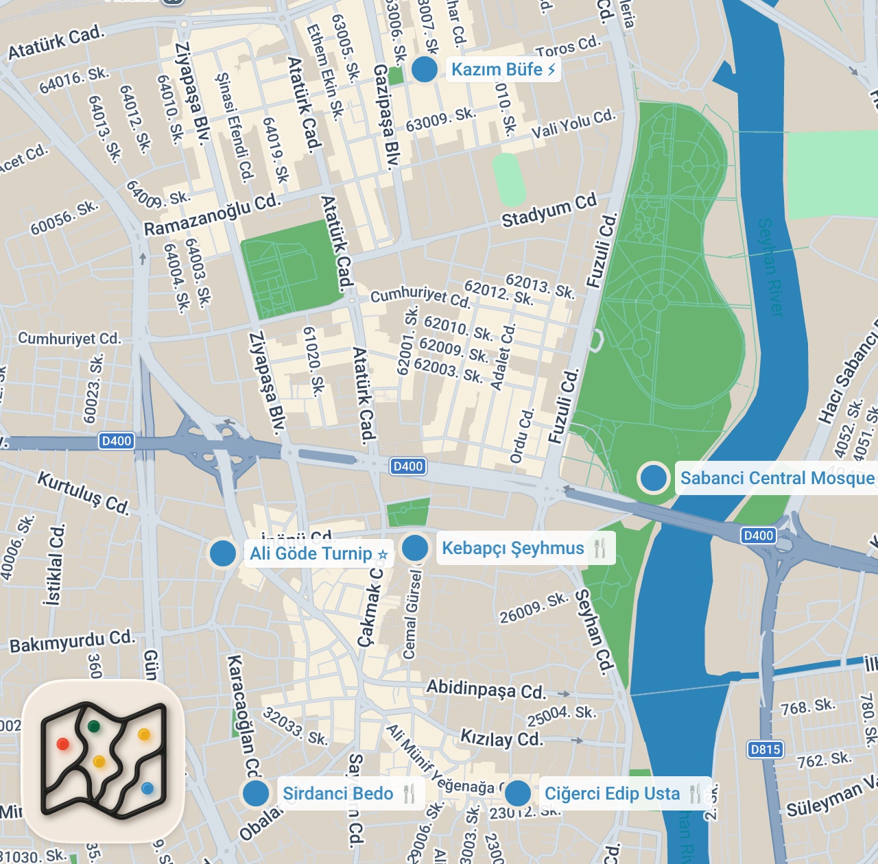 Map preview for TURKISH STREET FOOD - Adana Kebab + Crazy Şırdan! AMAZING Street Food in Adana, Turkey!!