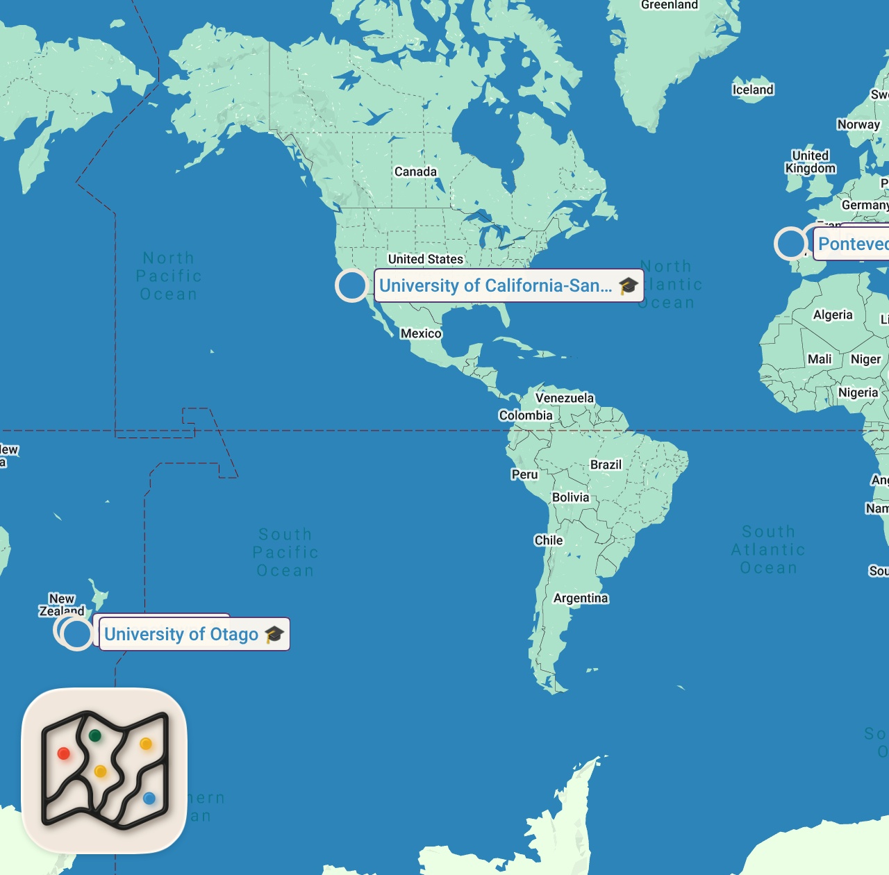 Map of 5 spots from 15 Random Facts About Alex