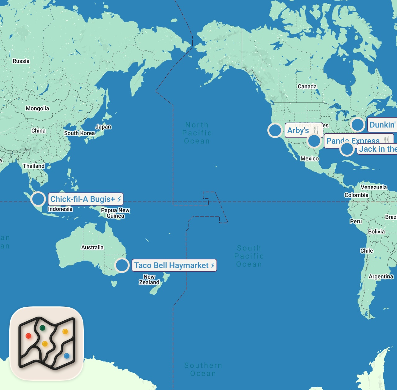 Map of 6 spots from Eating NEW Fast Food Menu Items...(INCREDIBLE)