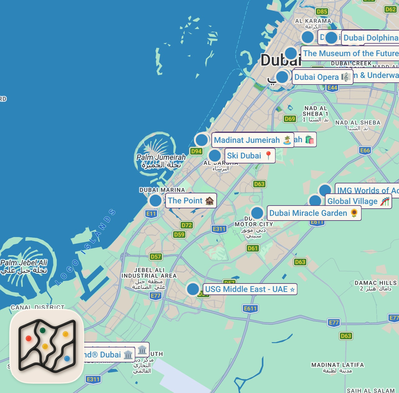 Map preview for افضل ١٥ مكان تزورة في دبي