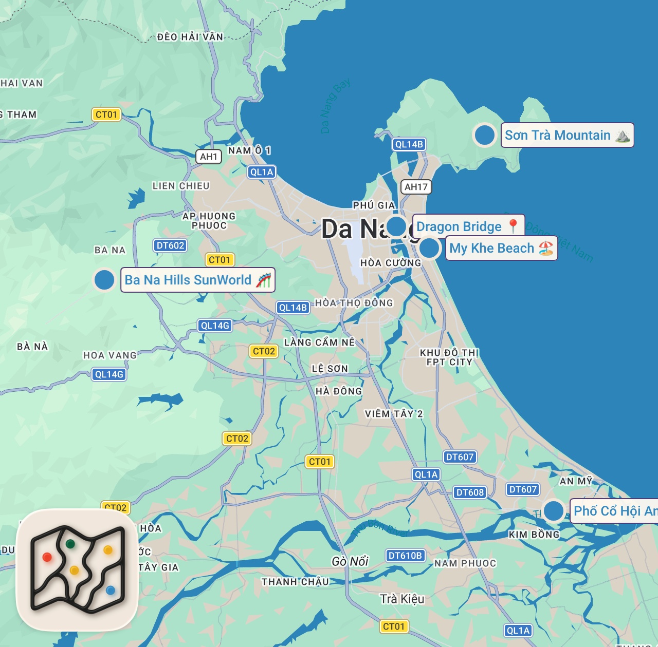 Map of 5 spots from The ULTIMATE Da Nang, Vietnam Travel Guide - Things to Do, Where to Stay, & More!