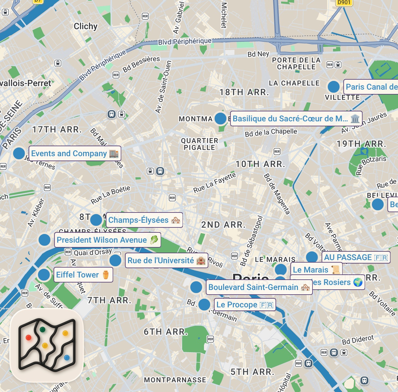 Map of 14 spots from 20 Essential Paris France Travel Tips