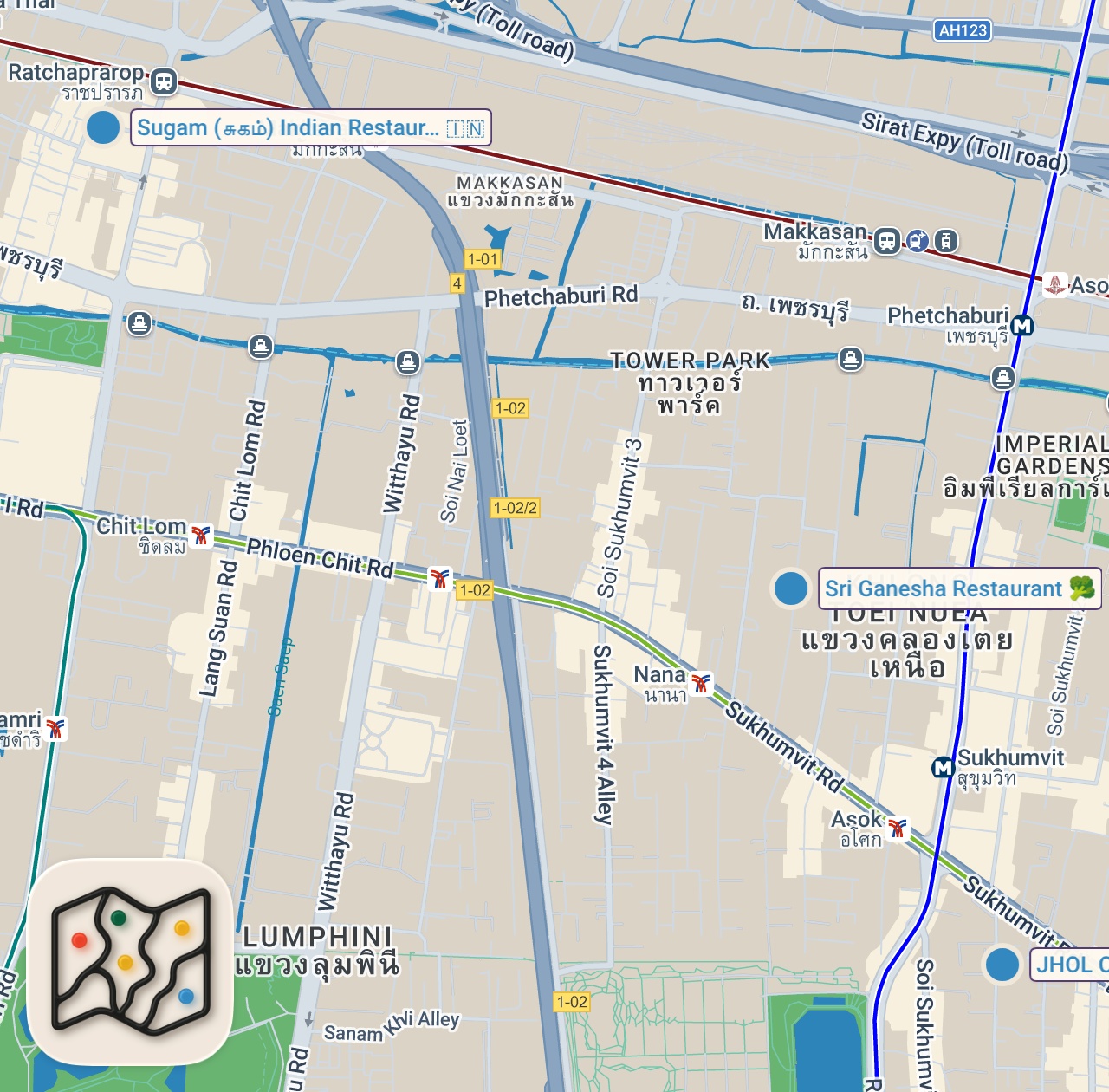 Map of 3 spots from $5.78 Indian Food - All You Can Eat!! | Best South Indian Food in Bangkok!
