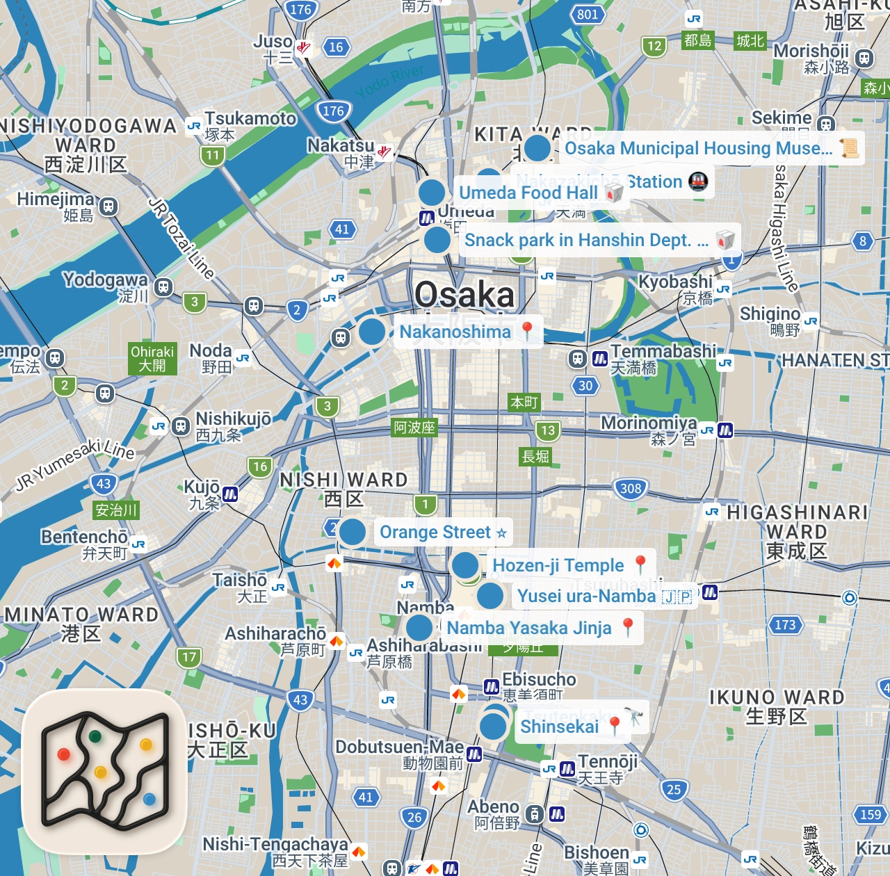 Map preview for Osaka's Secret Spots: A Hidden Gem Tour!