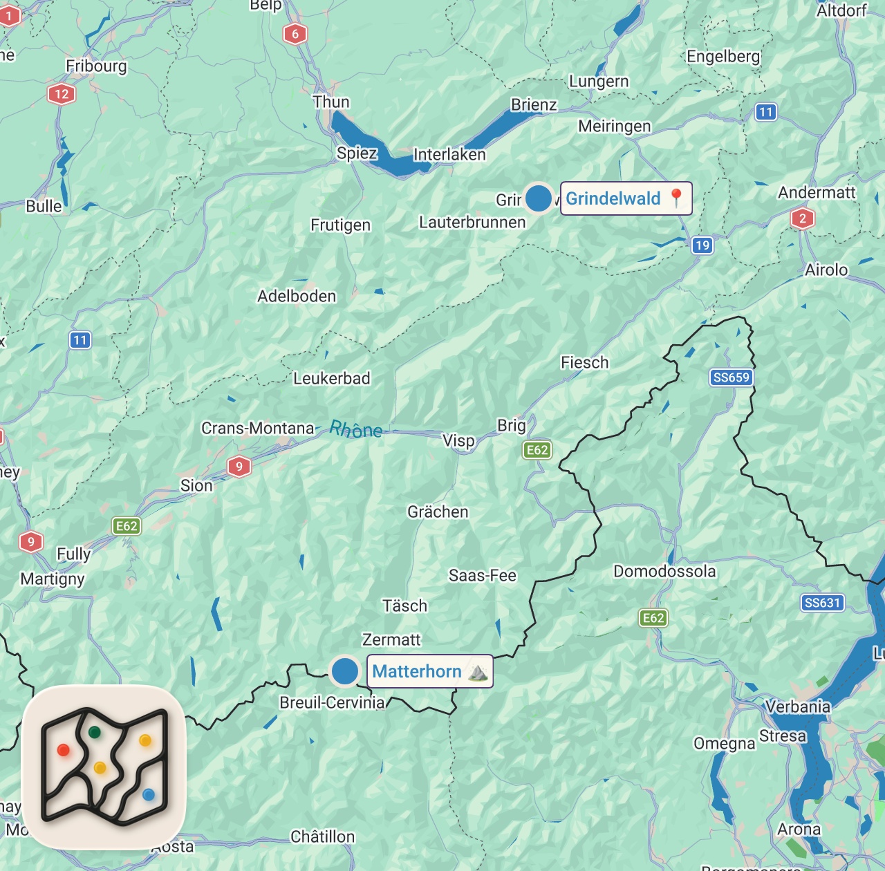 Map of 2 spots from Top 10 Places In The Swiss Alps - 4K Travel Guide