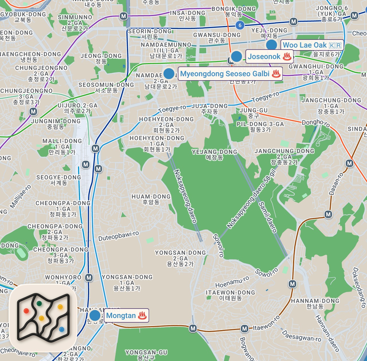 Map of 4 spots from Korean Barbecue Tour!! 🥩 DINO BEEF RIBS + Standing Barrel BBQ in Seoul!