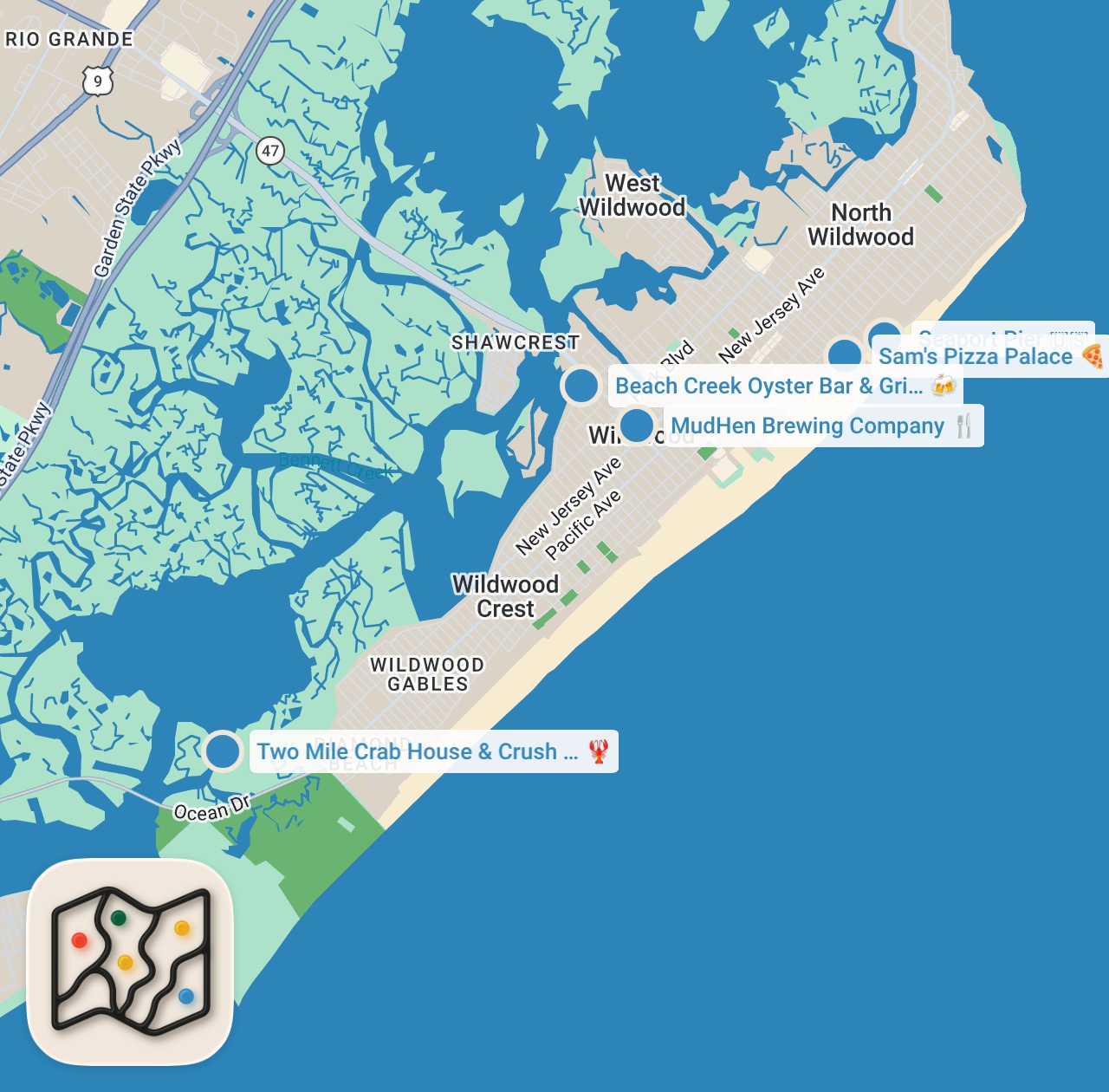 Map preview for TOP 5 Restaurants in WILDWOOD, NJ
