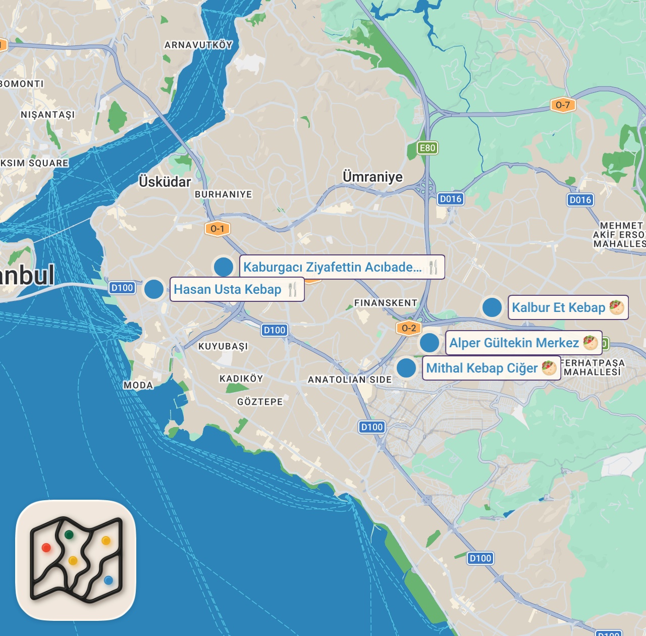 Map of 5 spots from ANADOLU YAKASI 5 KEBAPÇI! #shorts #kebap #adana
