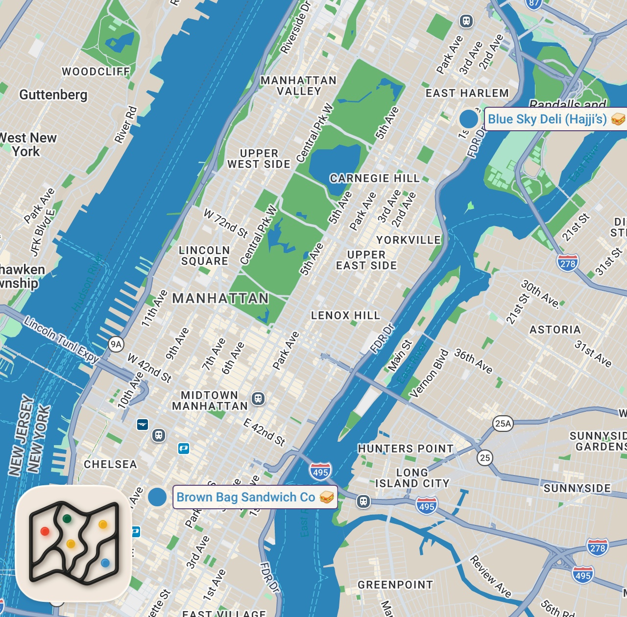 Map of 2 spots from New York's BEST Chopped Cheese Sandwich