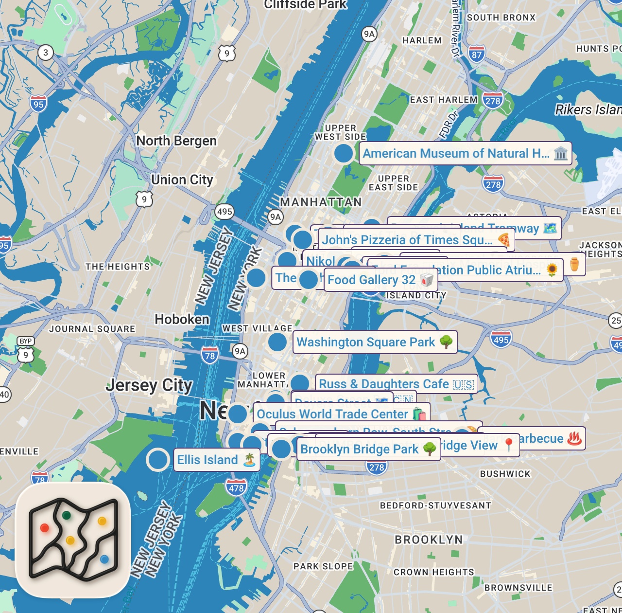 Map of 43 spots from How To See NYC in 3 Days (Without The Stress!)