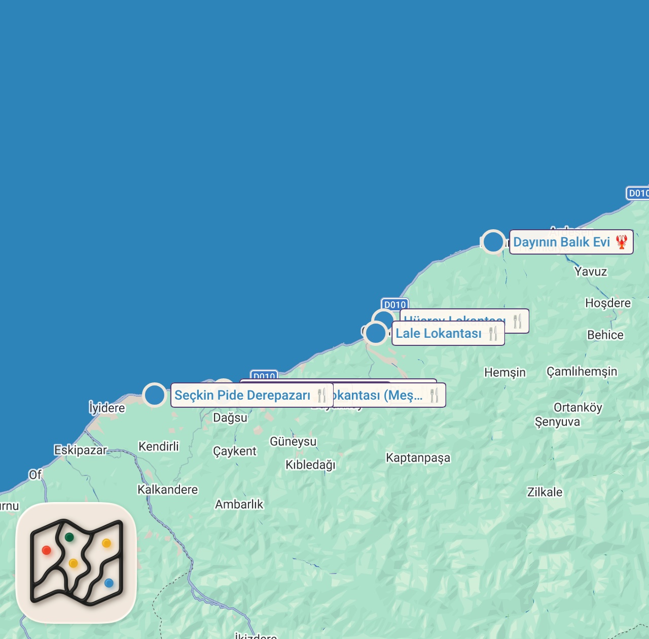 Map of 10 spots from RİZE'DE BİR GÜNDE NE YENİR!!!