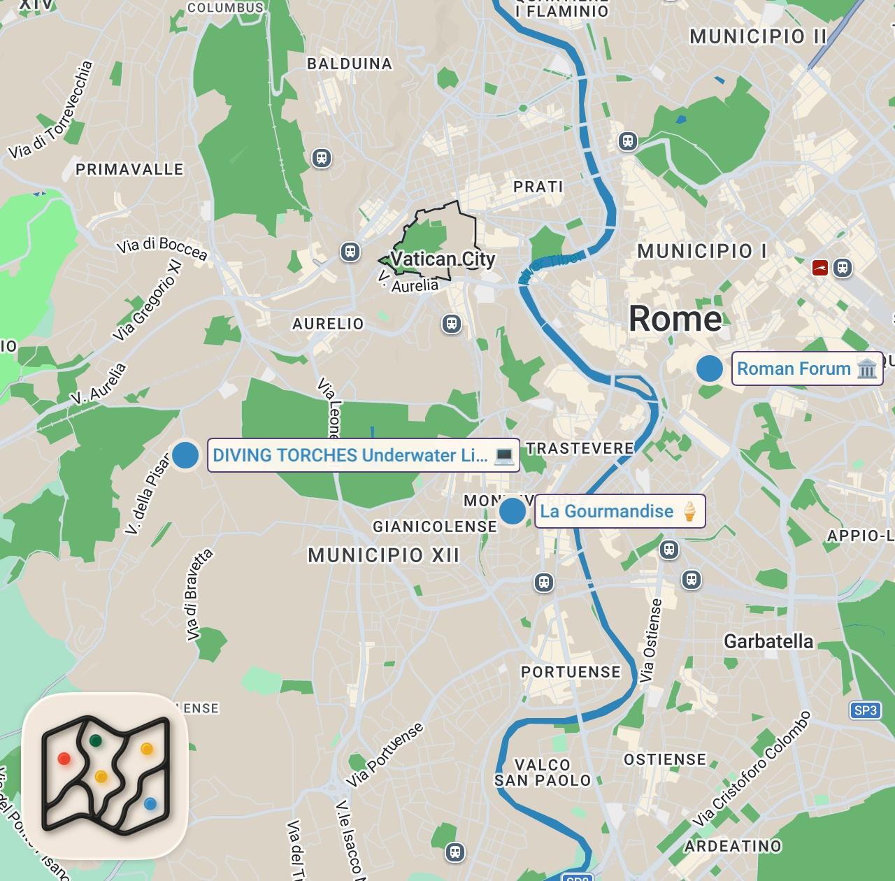 Map of 3 spots from come find the BEST GELATO IN ROME (no scam)