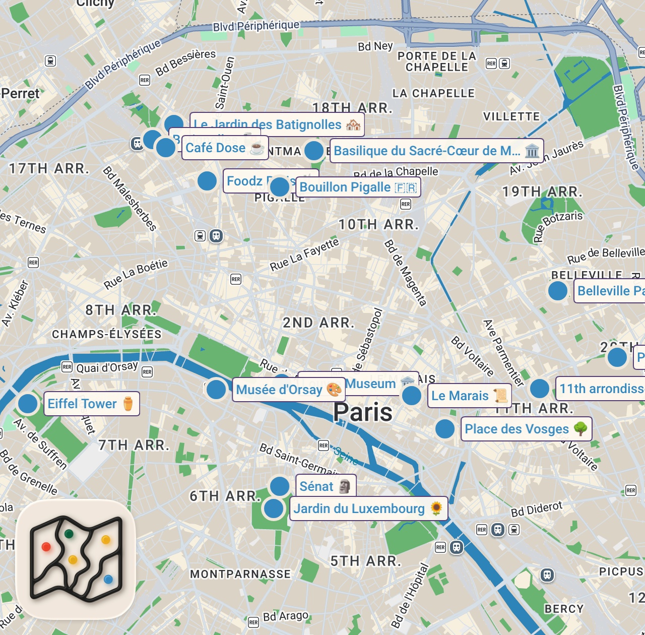 Map of 16 spots from 48 Hours in Paris: What to Do & Not to Do (by a Local)!