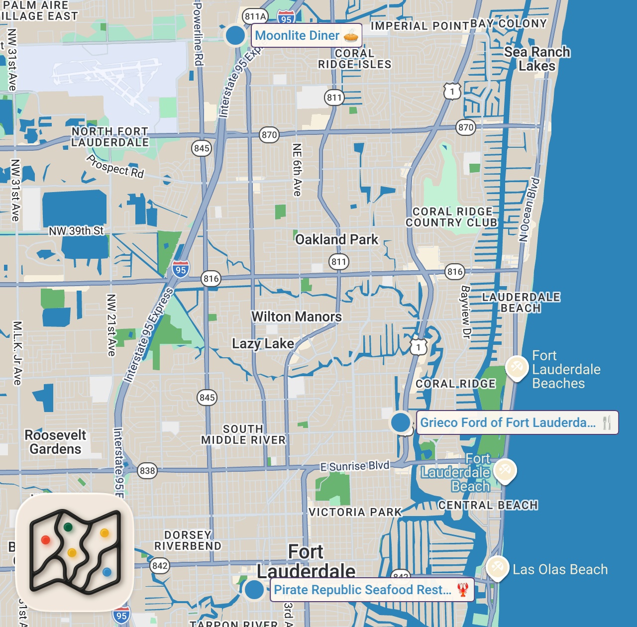 Map preview for Eating At The Weirdest Themed Restaurants (South Florida)