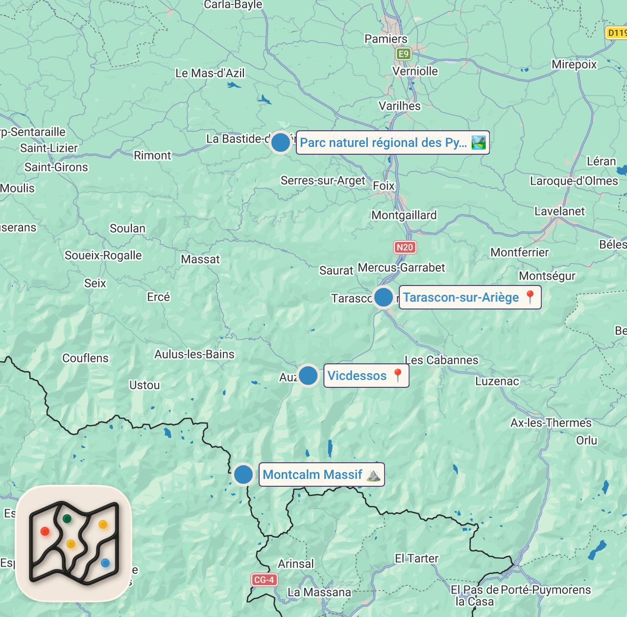 Map of 4 spots from Vicdessos, Pyrénées - visite à pied 4K - Belle balade en forêt sauvage et apaisante au bord de l'eau