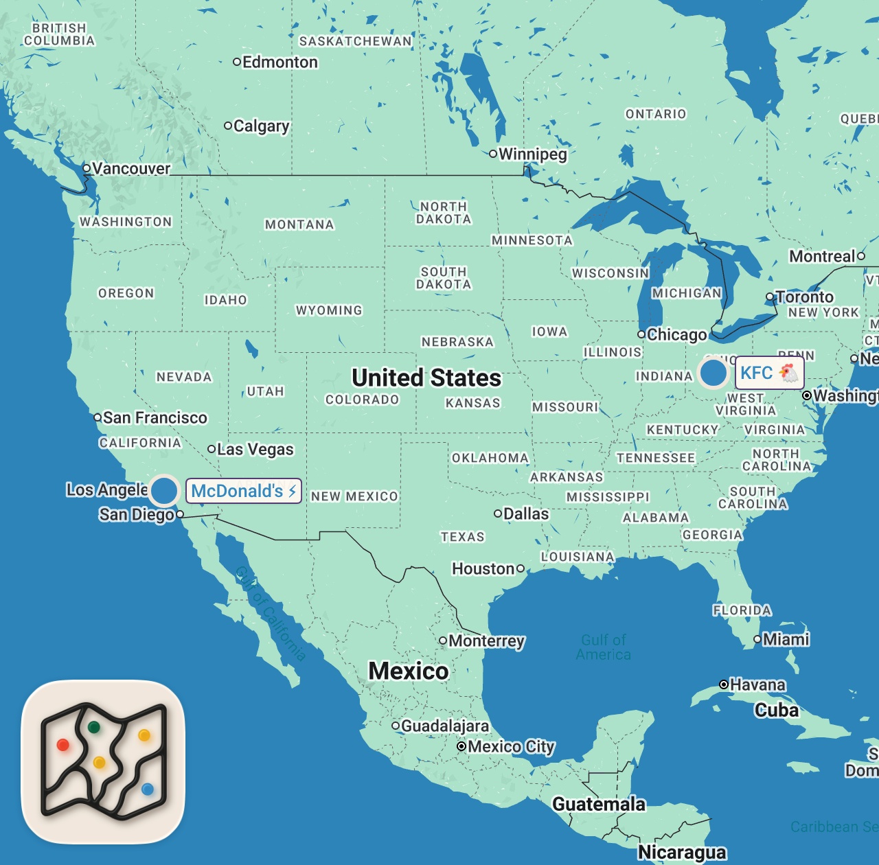 Map of 2 spots from Letting The Person in Front of Me DECIDE What I Eat!