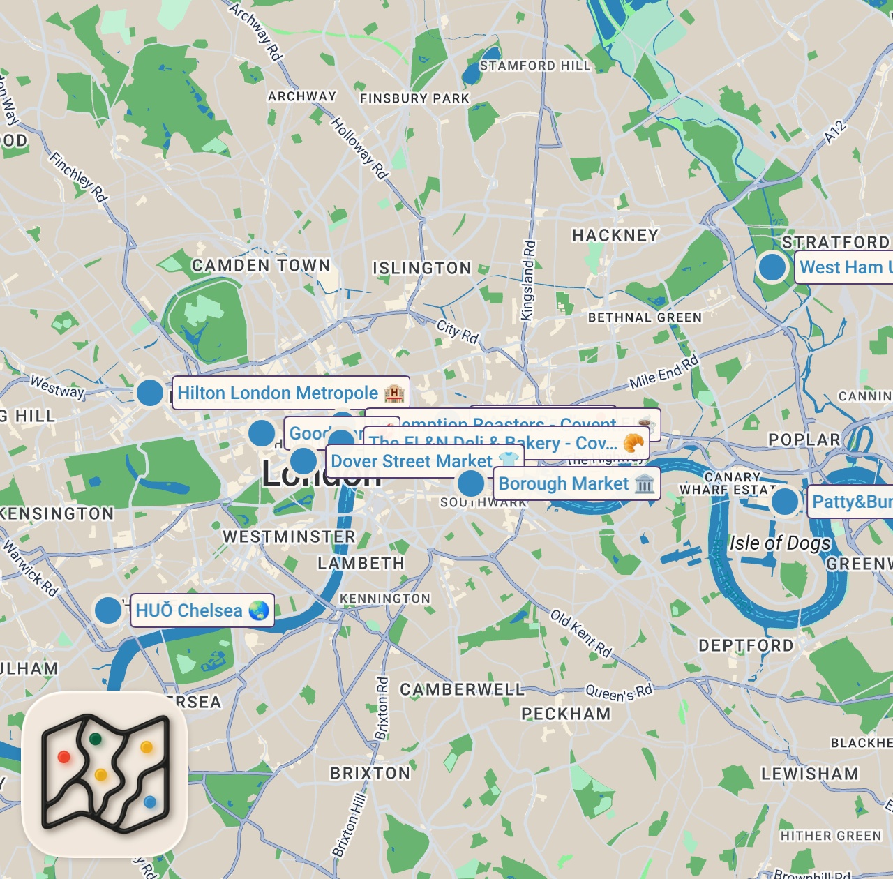 Map of 10 spots from LONDRA YEME İÇME REHBERİ #2: Borough Market, Londra'nın En İyi Burgeri ve Etçisi, Londra Derbisi