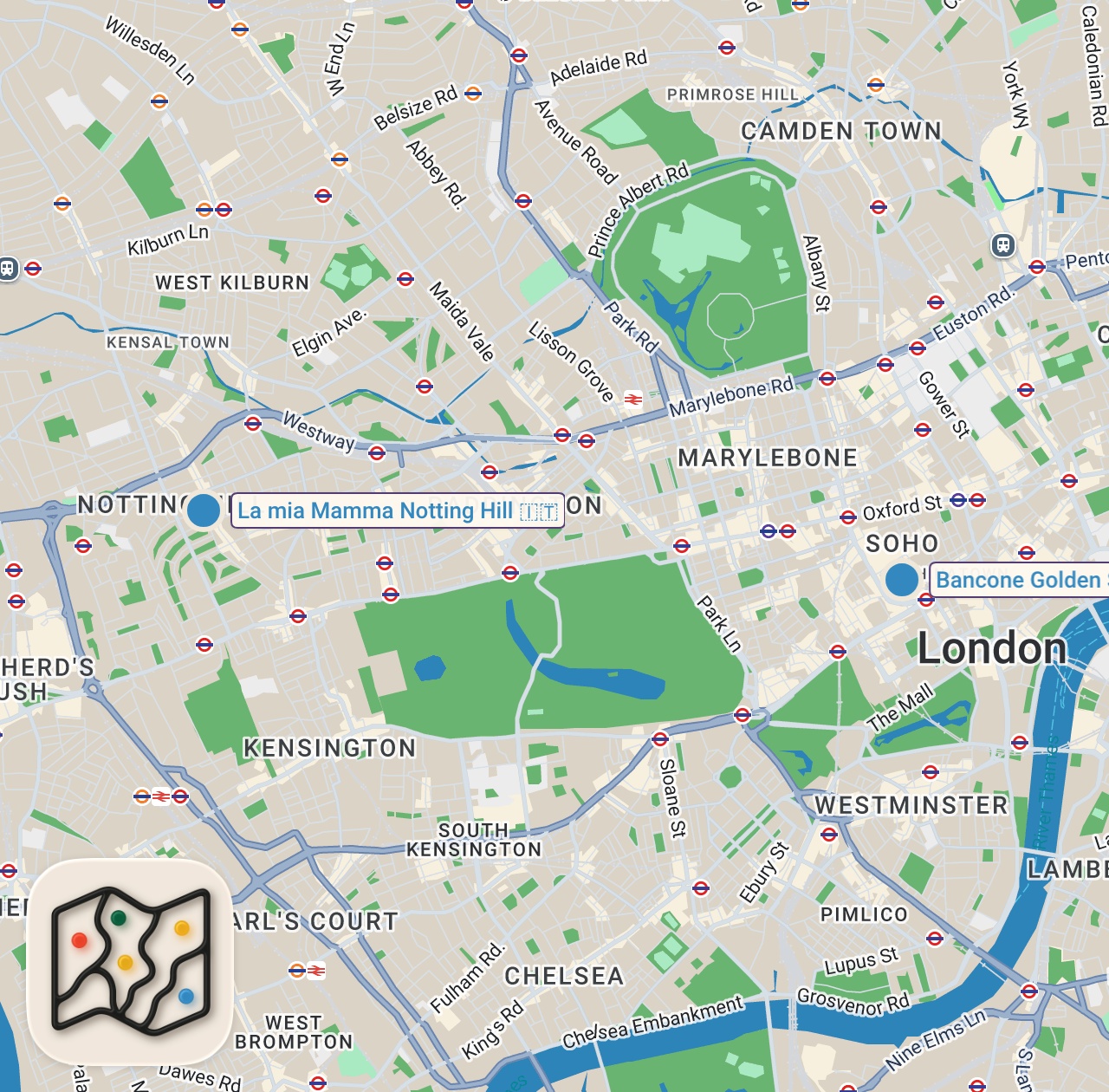 Map of 2 spots from Finding the Best Pasta in London
