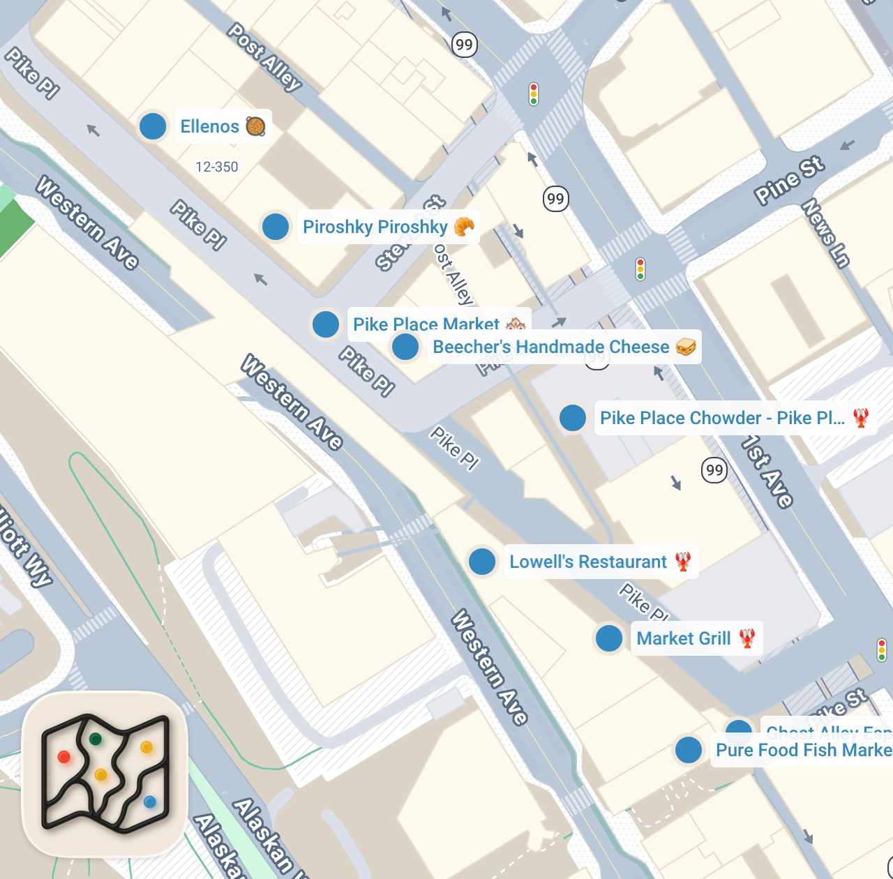 Map preview for Pike Place Market - AMERICA'S #1 CHOWDER + Must-Eat Market Tour in Seattle | American Food!