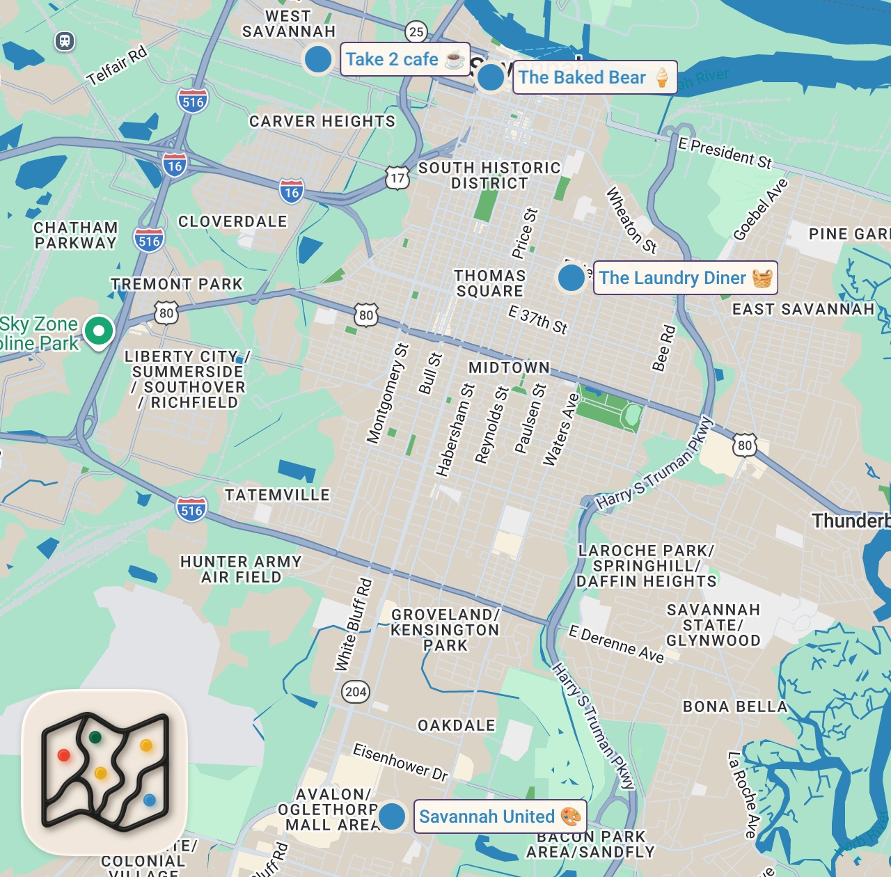 Map preview for Eating The Most VIRAL Restaurants for 24 Hours (Savannah, GA)