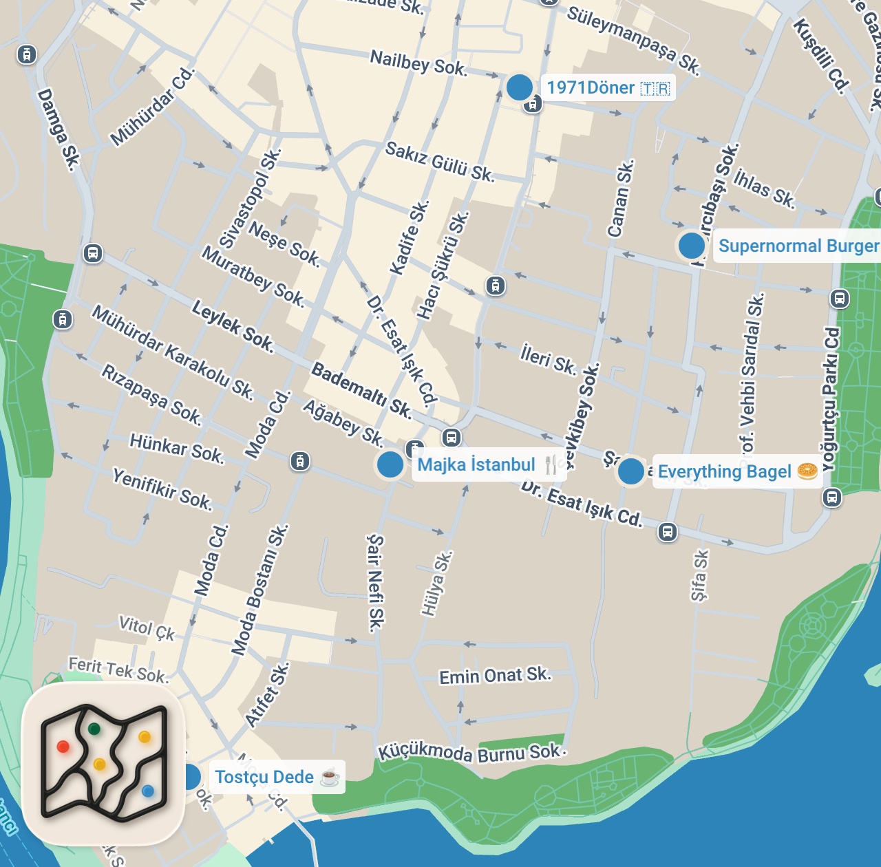 Map preview for MODA LEZZET REHBERİ - Tost, Bagel, Döner, Burger, Boşnak Meyhanesi