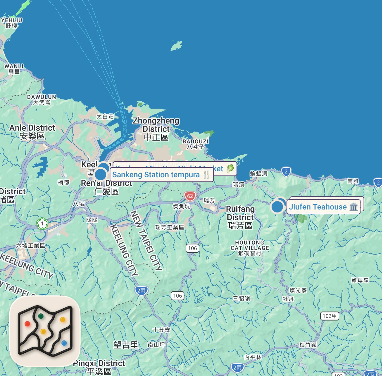 Map of 4 spots from I Found the BEST Night Market in Taiwan