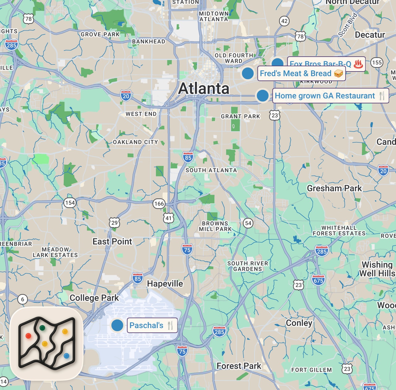 Map of 4 spots from 24 Hours Eating Atlanta’s GREATEST Food!
